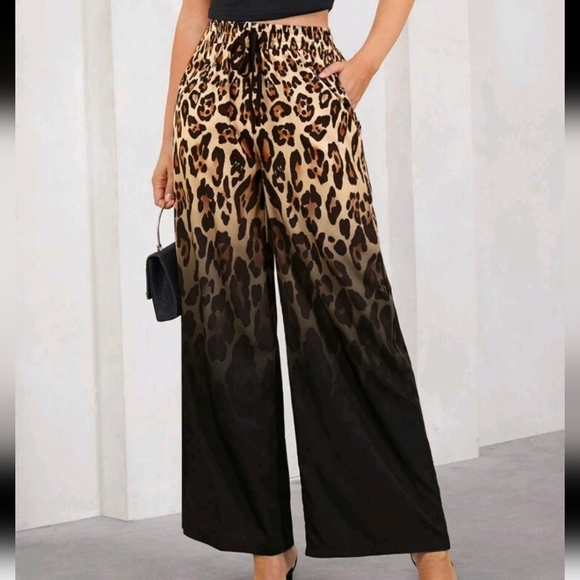 Women's Elegant Ombre Leopard Print Pocket Tie Waist Wide Leg Pants - Picture 1 of 5